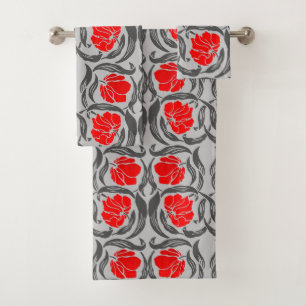 William Morris Pimpernel, Silver Grey and Red Bath Towel Set