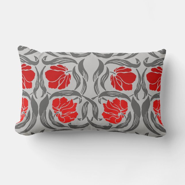 William Morris Pimpernel, Silver Grey and Red Lumbar Pillow (Front)