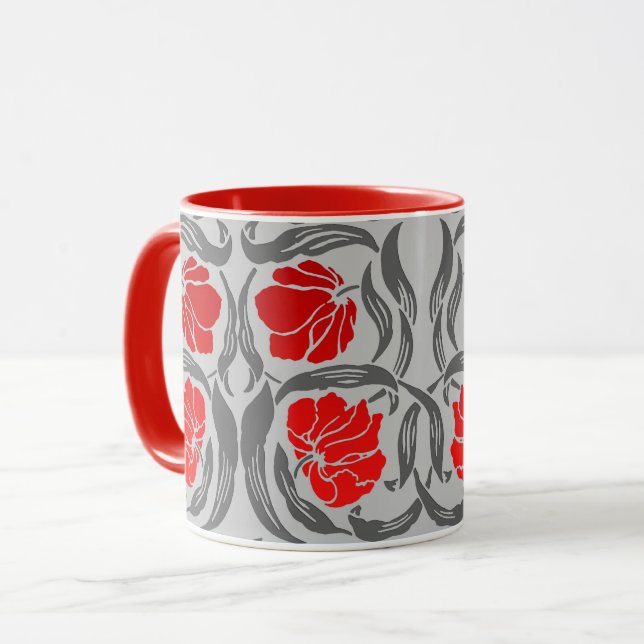 William Morris Pimpernel, Silver Grey and Red Mug (Front Left)