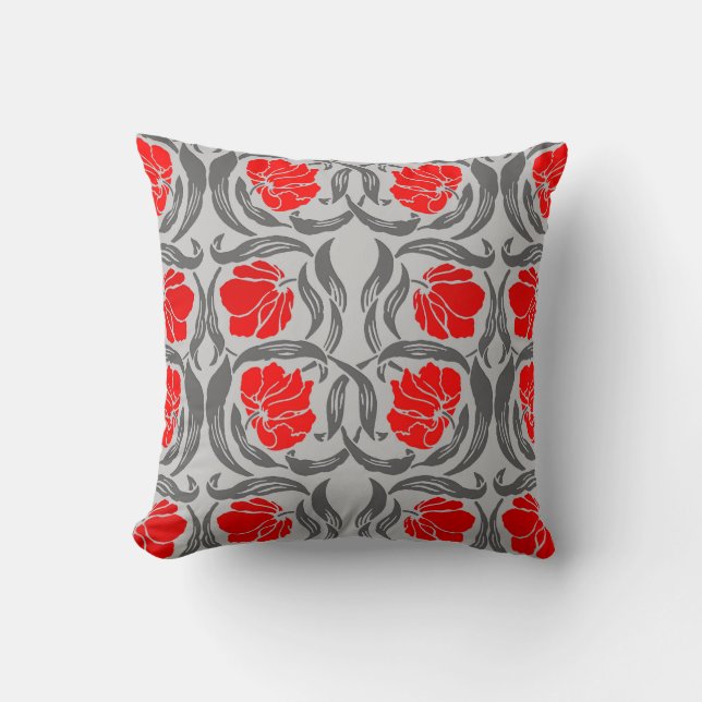 William Morris Pimpernel, Silver Grey and Red Throw Pillow (Front)
