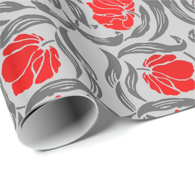 William Morris Pimpernel, Silver Grey and Red Wrapping Paper (Roll Corner)