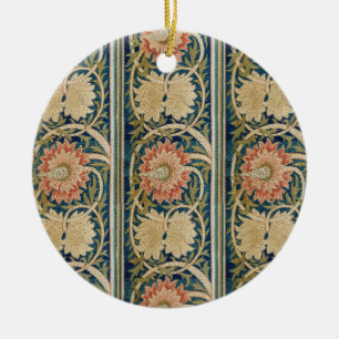 William Morris Pink Floral Silk Embroidery Antique Ceramic Ornament