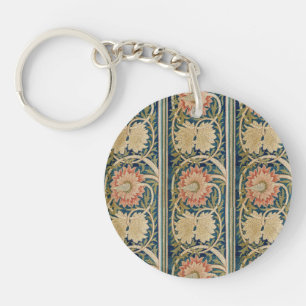 William Morris Pink Floral Silk Embroidery Antique Keychain