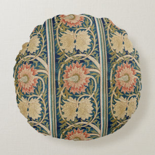 William Morris Pink Floral Silk Embroidery Antique Round Pillow