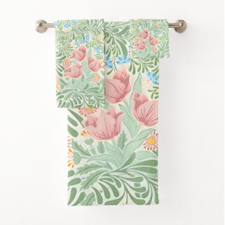William Morris Pink Green Yellow Floral Pattern Bath Towel Set