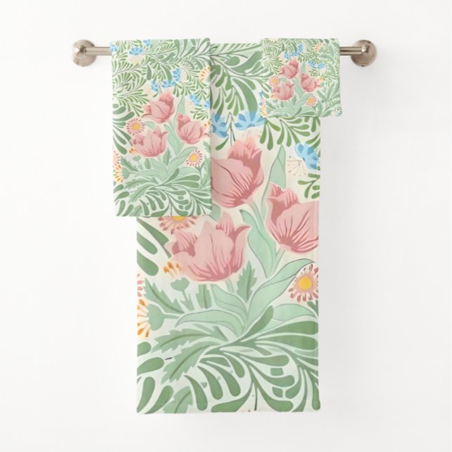 William Morris Pink Green Yellow Floral Pattern Bath Towel Set (Creator Uploaded)