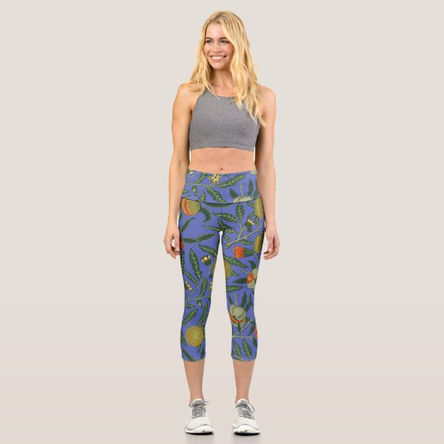 William Morris Pomegranate Blue Colourful Wallpape Capri Leggings (Front)