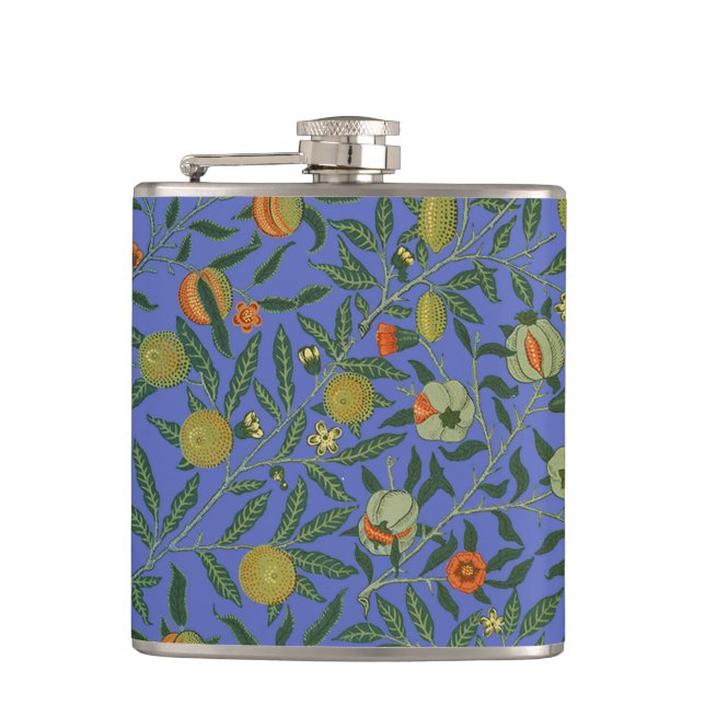 William Morris Pomegranate Blue Colourful Wallpape Hip Flask (Front)