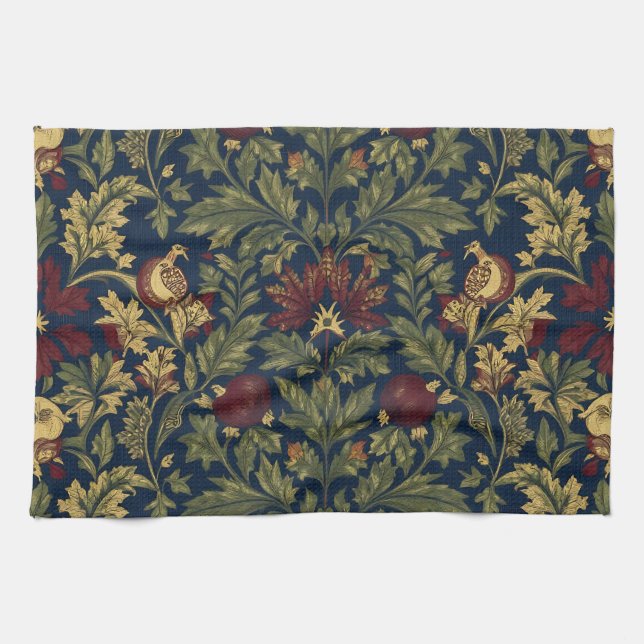 William Morris Pomegranate Floral Navy Pattern Kitchen Towel (Horizontal)