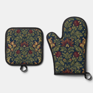 William Morris Pomegranate Floral Navy Pattern Oven Mitt & Pot Holder Set