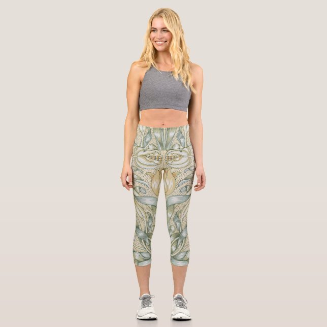 William Morris Pomegranate Pattern Antique Lily  Capri Leggings (Front)