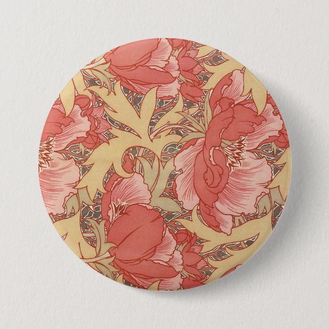 William Morris Poppies Floral Art Nouveau Pattern 3 Inch Round Button (Front)