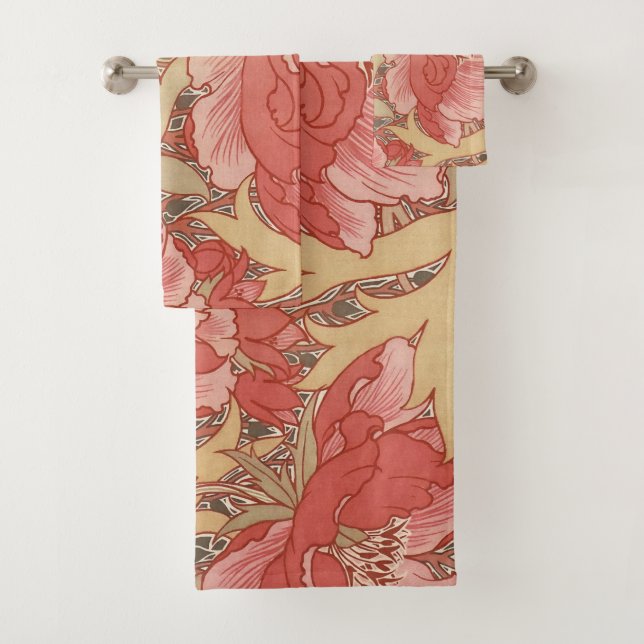 William Morris Poppies Floral Art Nouveau Pattern Bath Towel Set (Insitu)