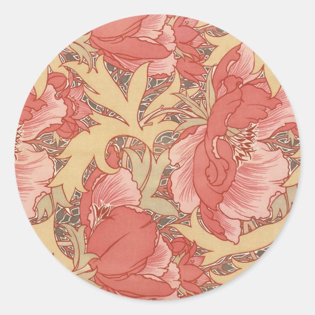 William Morris Poppies Floral Art Nouveau Pattern Classic Round Sticker (Front)