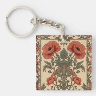 William Morris Poppies Floral Art Nouveau Pattern Keychain