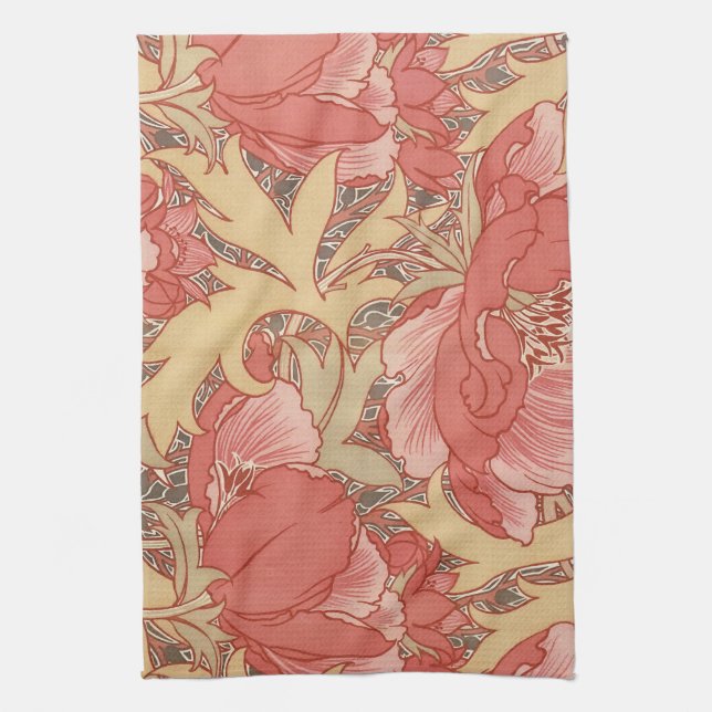 William Morris Poppies Floral Art Nouveau Pattern Kitchen Towel (Vertical)