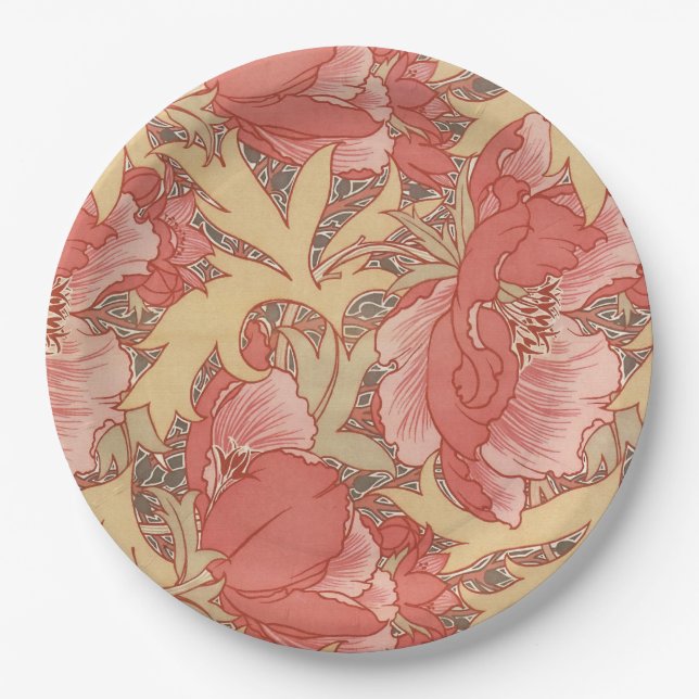 William Morris Poppies Floral Art Nouveau Pattern Paper Plate (Front)