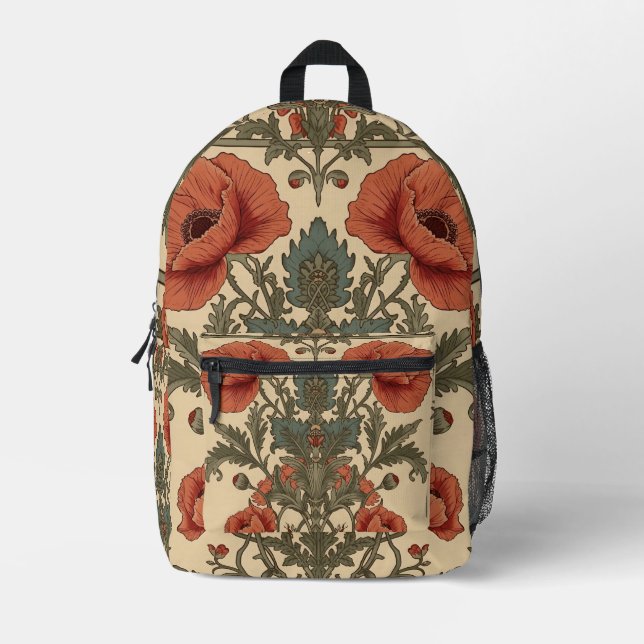 William Morris Poppies Floral Art Nouveau Pattern  Printed Backpack (Front)