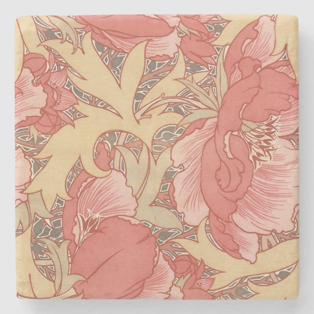 William Morris Poppies Floral Art Nouveau Pattern Stone Coaster (Front)
