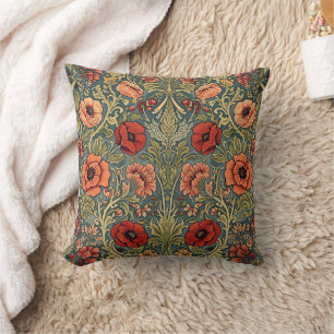 William Morris Poppies Floral Art Nouveau Pattern Throw Pillow