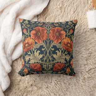 William Morris Poppies Floral Art Nouveau Pattern Throw Pillow