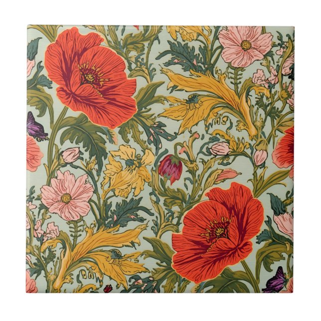 William Morris Poppies Floral Art Nouveau Pattern  Tile (Front)