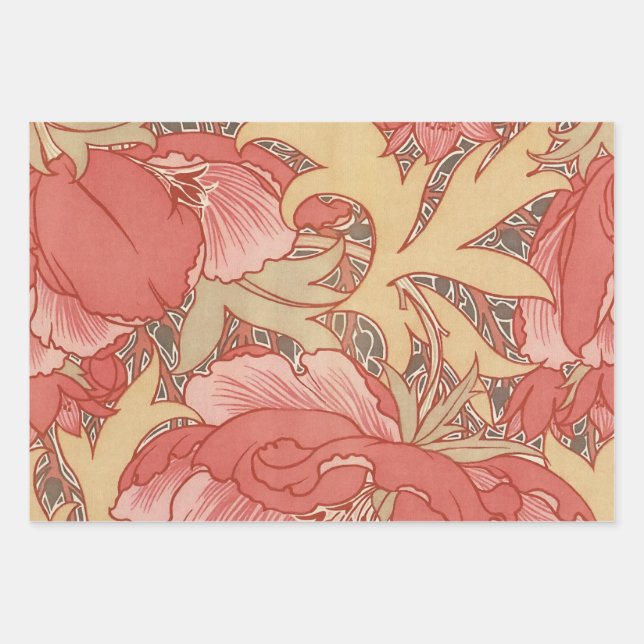 William Morris Poppies Floral Art Nouveau Pattern Wrapping Paper Sheet (Front)
