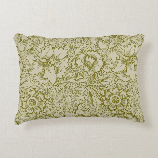 William Morris Poppy Classic Floral Green Accent Pillow (Front)