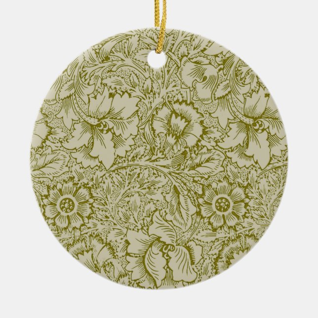 William Morris Poppy Classic Floral Green Ceramic Ornament (Front)