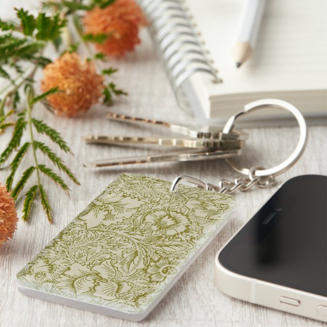 William Morris Poppy Classic Floral Green Keychain (Front Right)