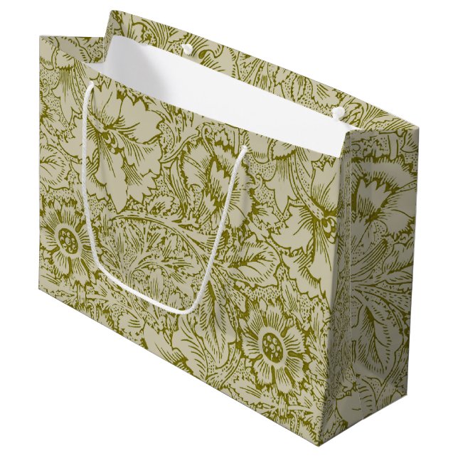 William Morris Poppy Classic Floral Green Large Gift Bag (Front Angled)