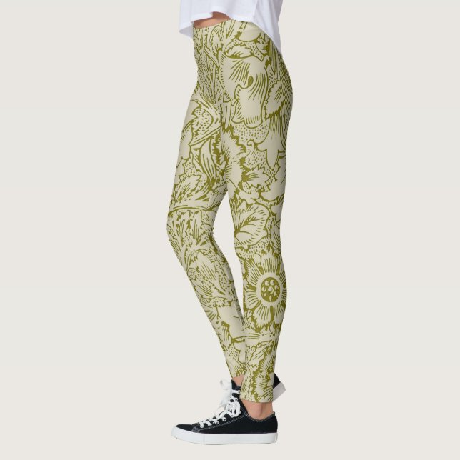 William Morris Poppy Classic Floral Green Leggings (Left)