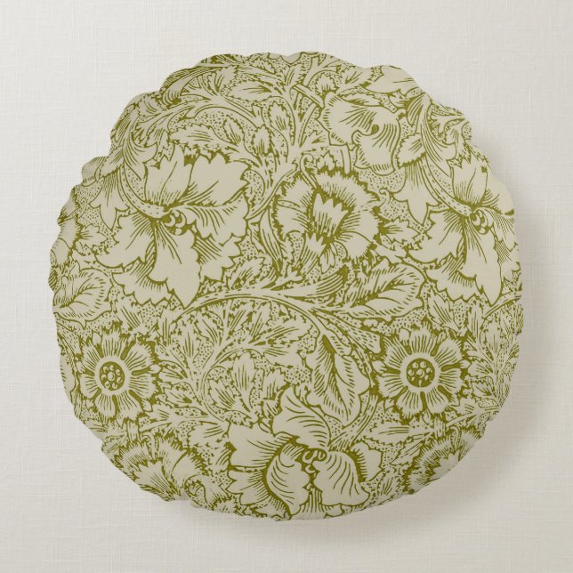 William Morris Poppy Classic Floral Green Round Pillow (Front)