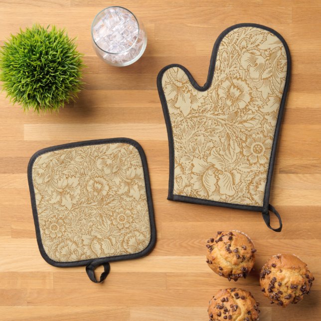 William Morris Poppy Floral Wallpaper Oven Mitt & Pot Holder Set (Top Down)