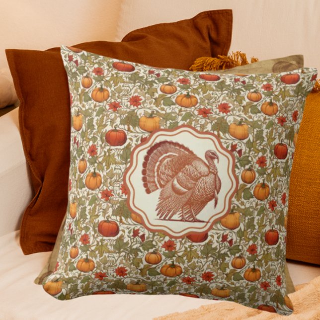 William Morris Pumpkins Wild Turkey  Throw Pillow (Happy Turkey Day!)