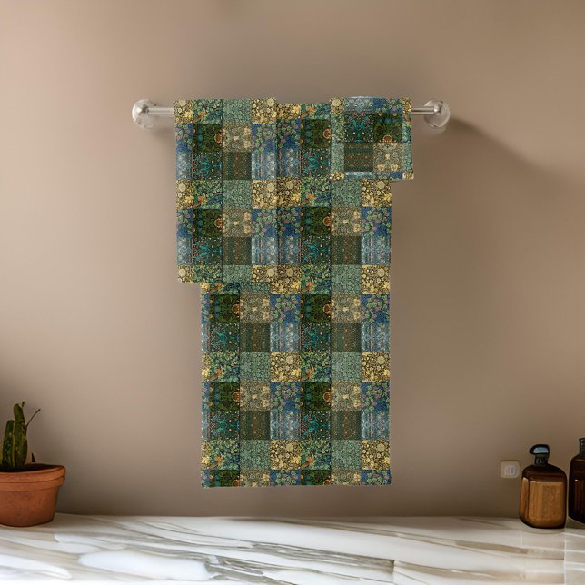 William * Morris Quilt Patchwork Greens Blues Bath Towel Set (Creator Uploaded)