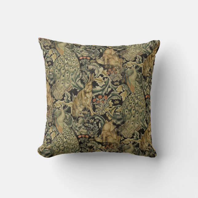 William * Morris Rabbit Wolf Peacock With Leaves  Throw Pillow (Front)