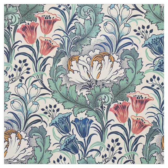 William Morris Red Blue Teal Floral Pattern Fabric (Swatch)