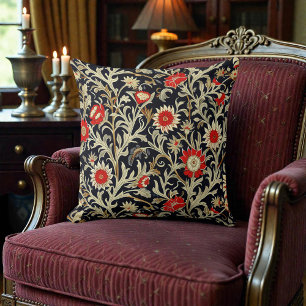 William Morris Red Gold on Black Floral Pattern Throw Pillow