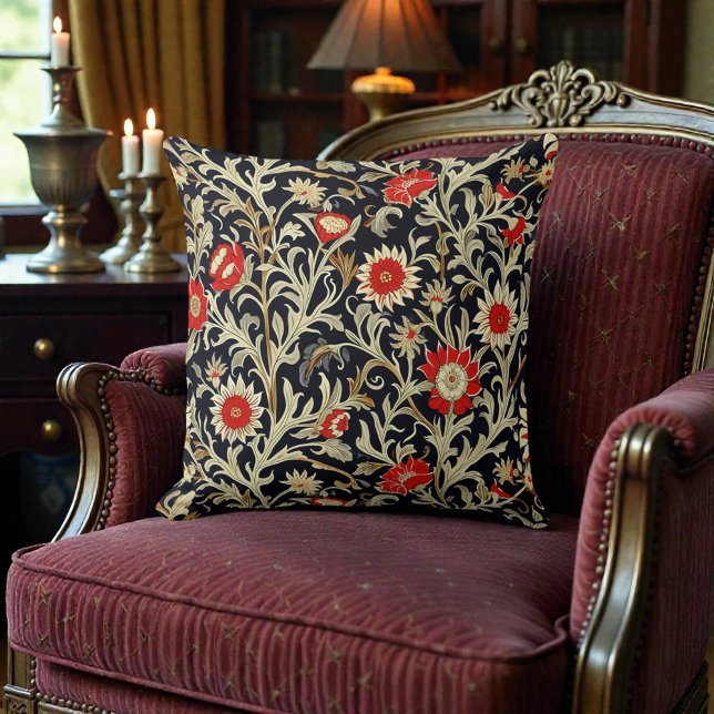 William Morris Red Gold on Black Floral Pattern Throw Pillow (Creator Uploaded)