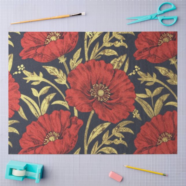 William Morris Red Gold Poppies Floral Pattern  Tissue Paper (Craft)