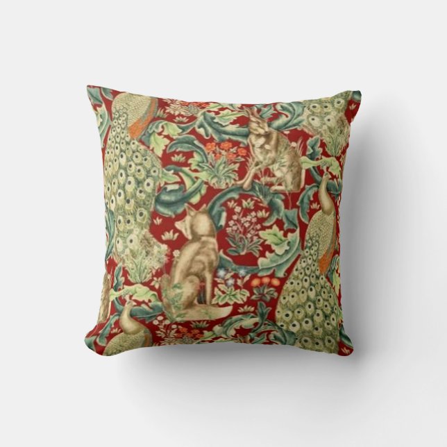 William Morris Red Pattern Forest Throw Pillow (Front)