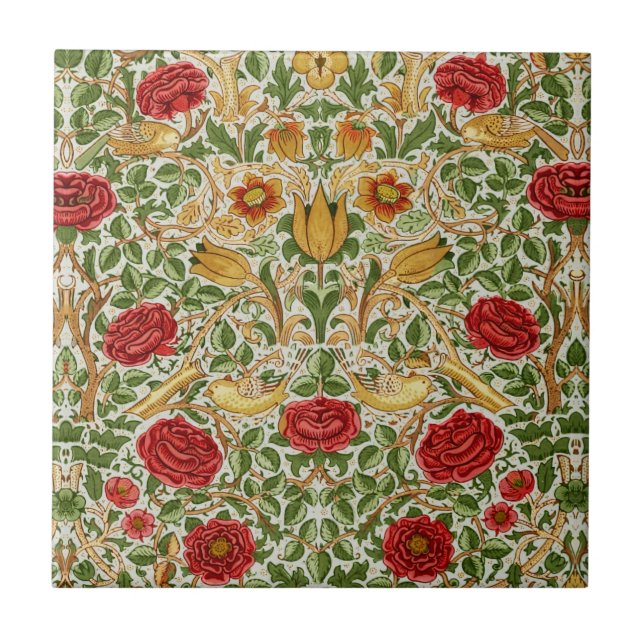 William Morris Rose & Birds Chintz Red Tile (Front)