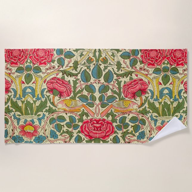 William Morris Rose Floral Chintz Pink Beach Towel (Front)