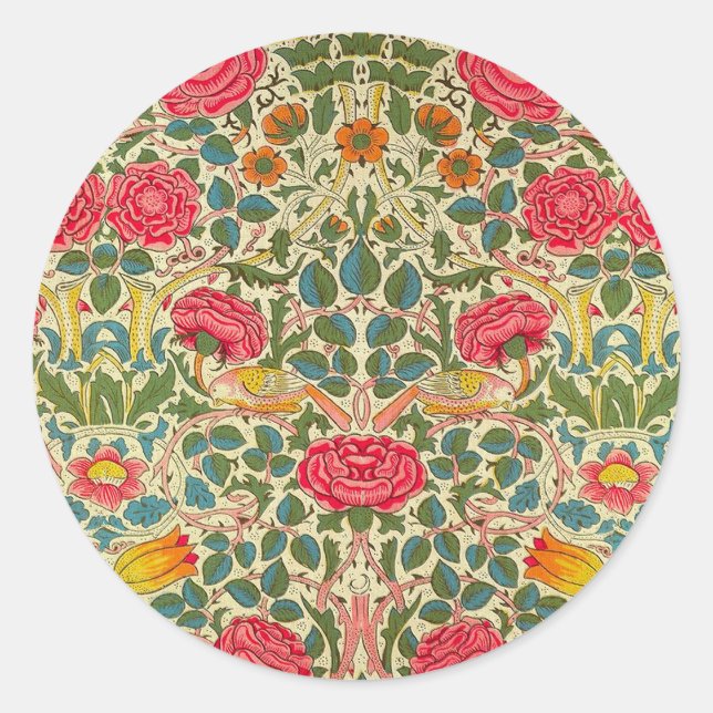 William Morris Rose Floral Chintz Pink Classic Round Sticker (Front)