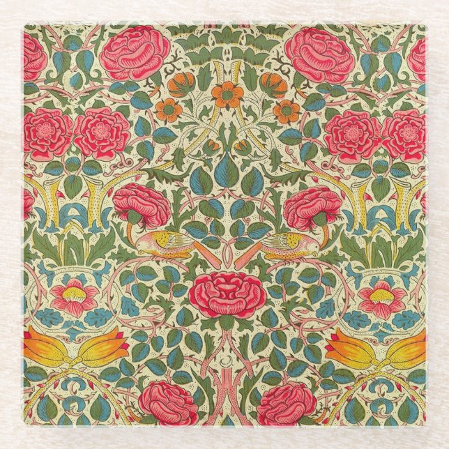 William Morris Rose Floral Chintz Pink Glass Coaster (Front)