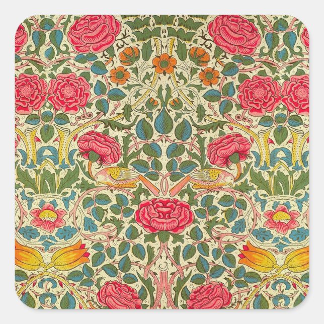 William Morris Rose Floral Chintz Pink Square Sticker (Front)
