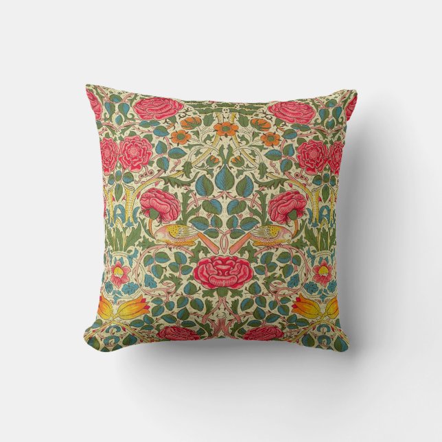 William Morris Rose Floral Chintz Pink Throw Pillow (Front)