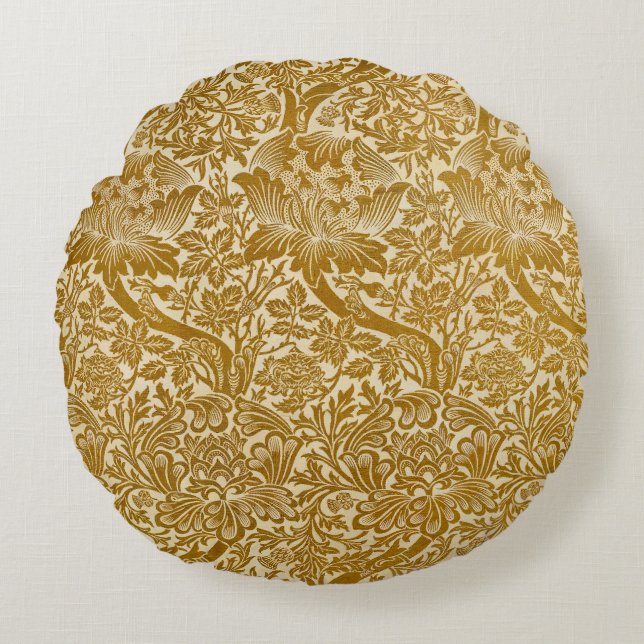 William Morris Rose & Thistle Floral Golden Round Pillow (Front)