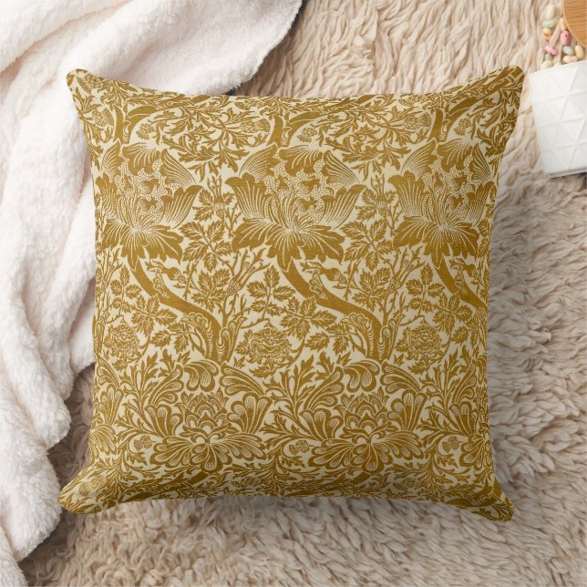 William Morris Rose & Thistle Floral Golden Throw Pillow (Blanket)